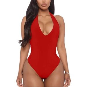 Elegant Red Halter Bodysuit